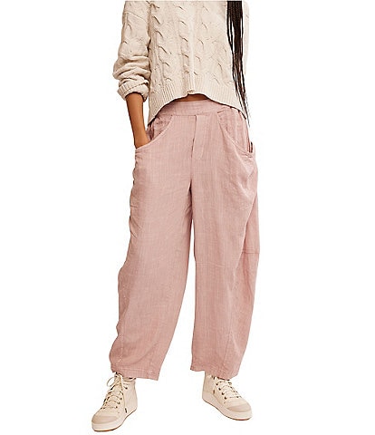 Free People High Road Pull On Barrel Mid Rise Linen Pants