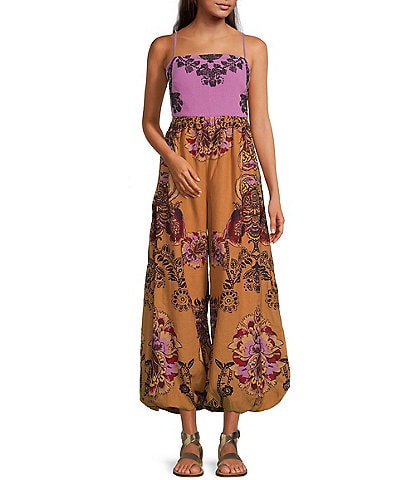 Free People Indio Sun Mixed Media Floral Print Strapless Ankle Length Jumpsuit