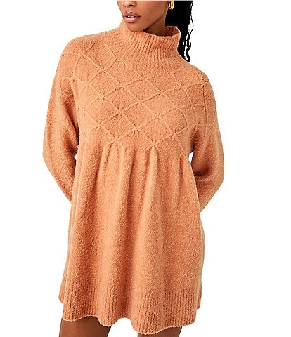 Free People Jaci Turtleneck Long Sleeve Babydoll Wool Blend Sweater Mini Dress