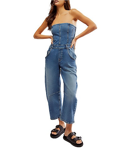 Free People Je Suis Pret Strapless Barrel Leg Denim Jumpsuit