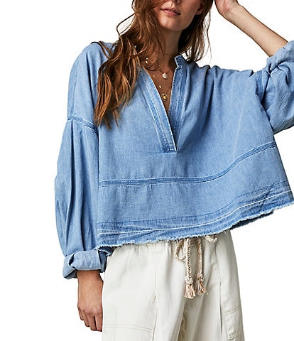 Free People Jude Denim V-Neck Long Puff Sleeve Pullover