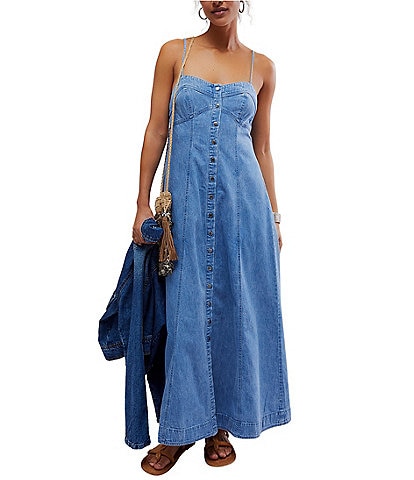 Free People Just Jill Denim Sweetheart Neck Sleeveless Pocketed Button Front A-Line Maxi Dress