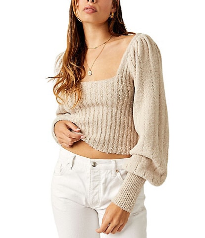 Free People Katie Ribbed Square Neck Long Balloon Sleeve Sweater