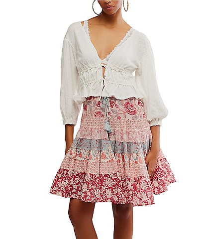 Free People Let's Go Linen Blend Plunge V-Neck 3/4 Sleeve Tie-Front Top