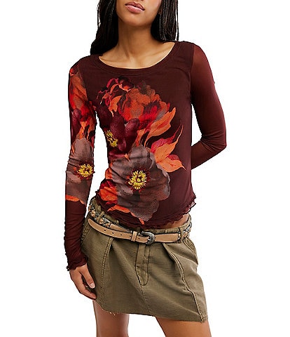 Free People Lilly Floral Printed Boat Neck Long Sleeve Mesh Top