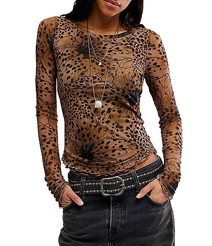 Free People Lilly Printed Boat Neck Long Sleeve Mesh Top