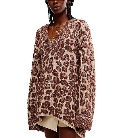 Free People Little Animal Leopard Print V Neck Long Sleeve Oversized Pullover Sweater