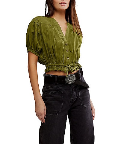 Free People Little Cloud Split Neck Short Puff Sleeve Shirt