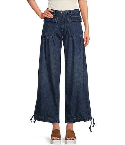 Free People Lotus Mid Rise Cinched-Tie Wide Leg Banded Ankle Jeans