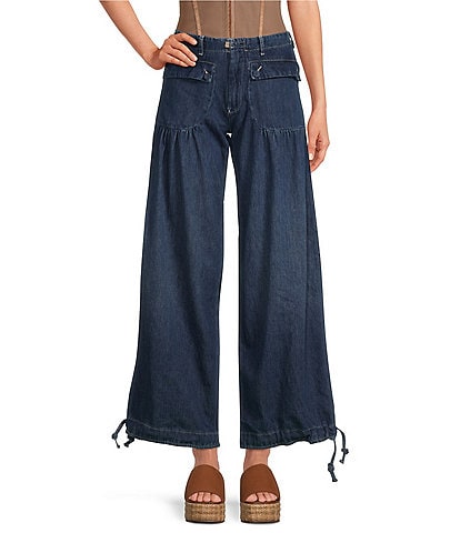 Free People Lotus Mid Rise Cinched-Tie Wide Leg Banded Ankle Jeans