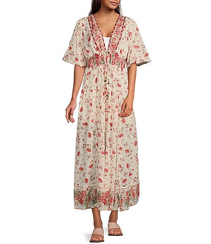 Free People Lysette Floral Print V-Neck Short Puffed Sleeve Midi Dress