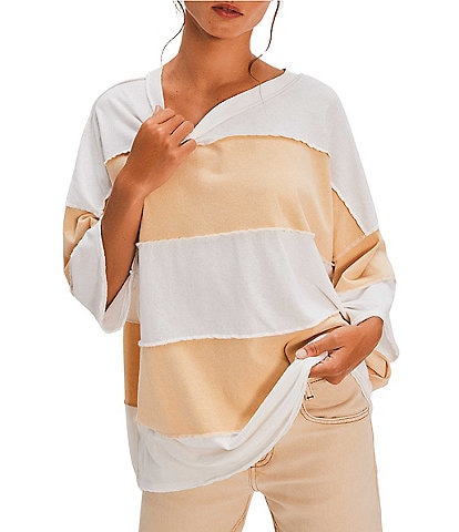 Free People Maddie Color Block Crew Neckline 3/4 Sleeve Oversized Tee