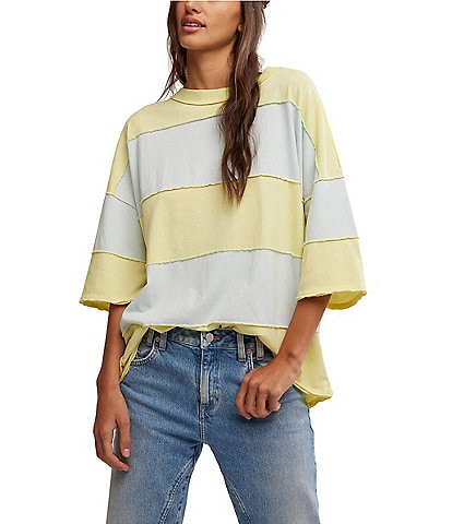 Free People Maddie Color Block Crew Neckline 3/4 Sleeve Oversized Tee