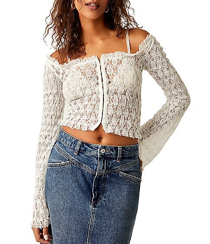 Free People Madison Sheer Lace Square Neck Long Bell Sleeve Top