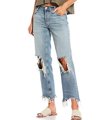 Free People Maggie Straight Mid Rise Distressed Denim Jeans