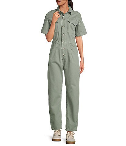 Free People Marci Point Collar Button Front Short Drop Shoulder Overall Utility Flight Suit