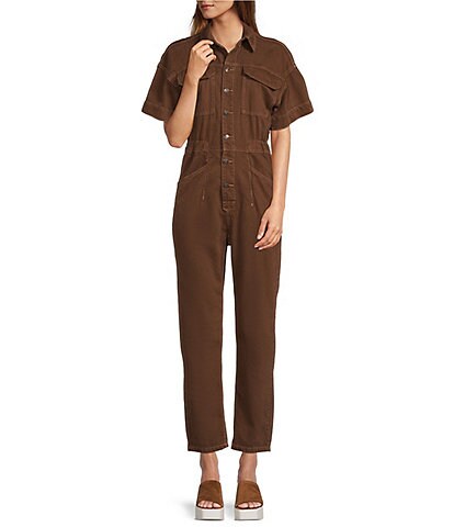Free People Marci Point Collar Button Front Short Drop Shoulder Overall Utility Flight Suit