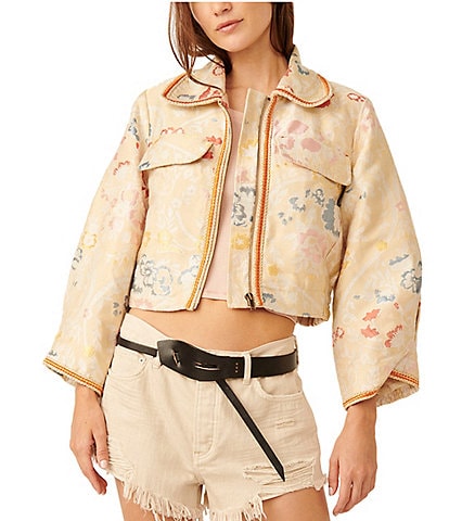 Free People Margot Floral Print Collar Neck Long Sleeve Cropped Jacket