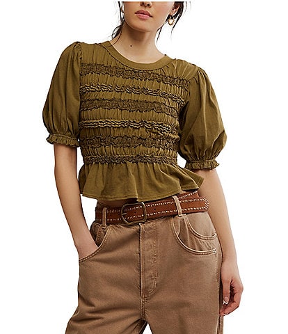 Free People Maxey Crew Neck Short Sleeve Smocked Top