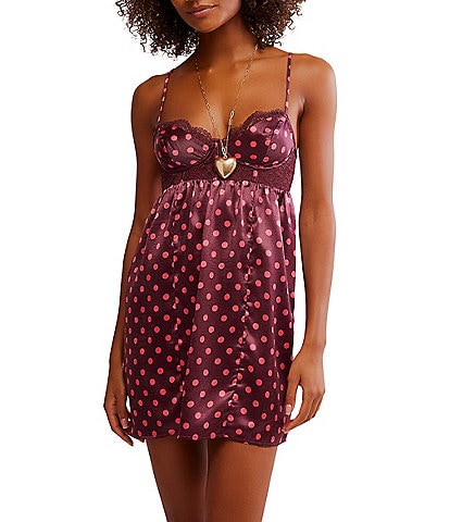 Free People Midnight Muse Satin Sleeveless Sweetheart Neck Dotted Mini Slip