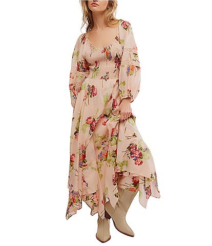 Free People Morning Glory Floral Print Scoop Neck Long Sleeve Smocked Maxi Dress