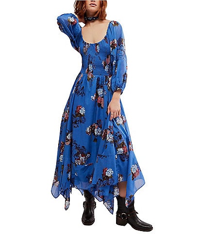 Free People Morning Glory Floral Print Scoop Neck Long Sleeve Smocked Maxi Dress