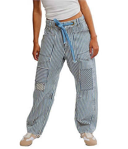 Free People Moxie Railroad Stripe Print Patch Pocket Straight Leg Pant