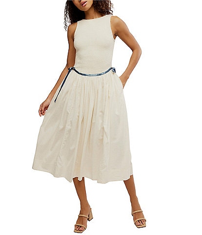 Free People Nightingale Scoop Neckline Sleeveless Smocked Midi Dress