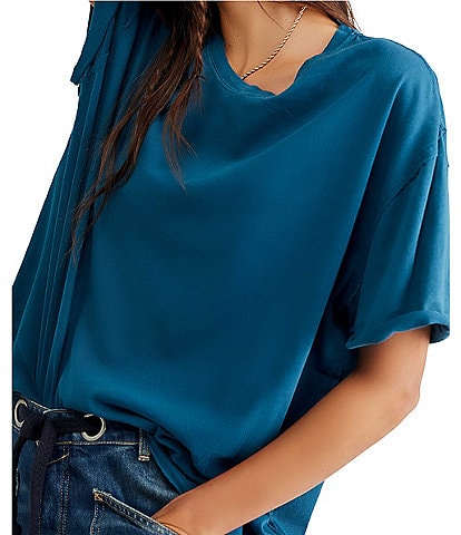 Free People Nina Short Sleeve Raw Edge Crew Neck Boxy Tee Shirt