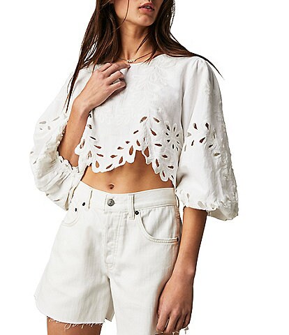 Free People Oleander Crew Neck Long Sleeve Lace Eyelet Copped Top
