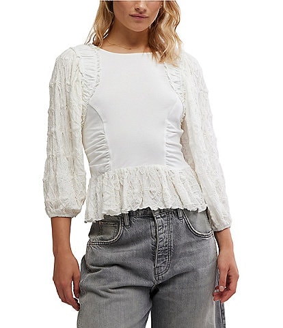 Free People Olivia Crew Neck 3/4 Sleeve Ruffle Hem Top