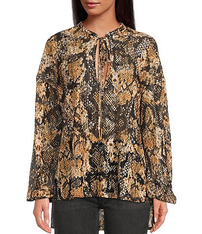 Free People Out For The Night Snakeskin Print Sheer Tie Banded Crew Neck Long Blouson Sleeve High-Low Top
