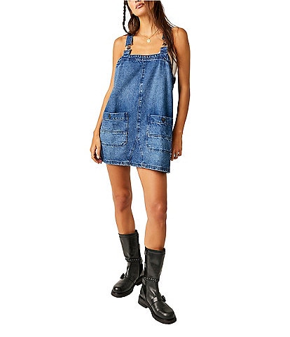 Free People Overall Square Neck Sleeveless Front Pocket Mini Dress