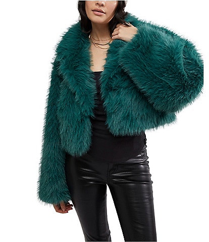 Free People Paris Cropped Faux Fur Notch Lapel Neck Long Sleeve Jacket