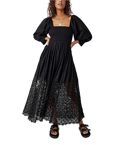 Free People Perfect Storm Square Neck Long Sleeve Embroidered Midi Dress