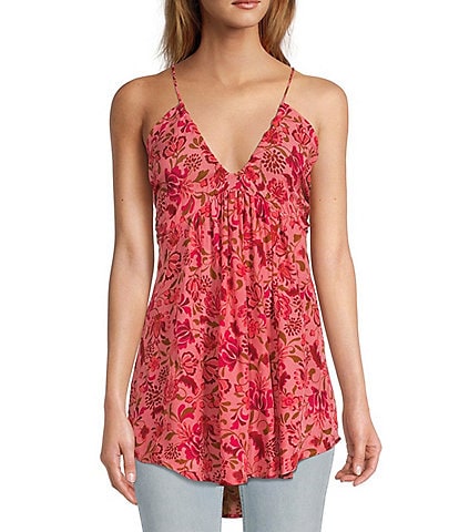 Free People Pixie Floral Print Plunging V-Neck Sleeveless Tie Open Back Tunic