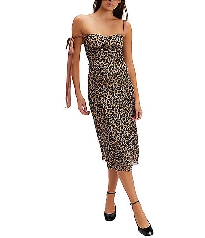 Free People Printed Got Glam Leopard Print Mesh Sleeveless Slip Midi Dress