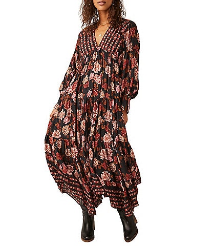 Free People Rows Of Roses Floral Print V-Neck Long Sleeve Maxi Dress