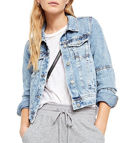 Free People Rumors Point Collar Long Sleeve Button Front Relaxed Denim Jacket
