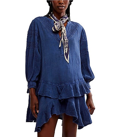 Free People Sachi Cotton V-Neck Long Sleeve Front Button Embroidered Ruffle Hem Mini Dress