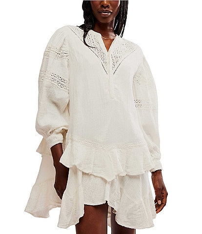 Free People Sachi Cotton V-Neck Long Sleeve Front Button Embroidered Ruffle Hem Mini Dress