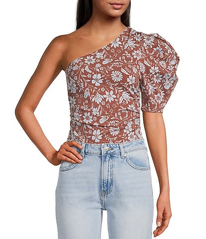 Free People Somethin' Bout You Floral Print One Shoulder Puffed Sleeve Bodysuit