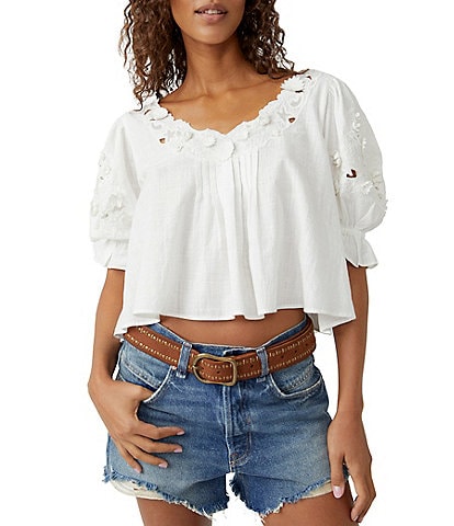 Free People Sophie Embroidered Scoop Neck Short Sleeve Top