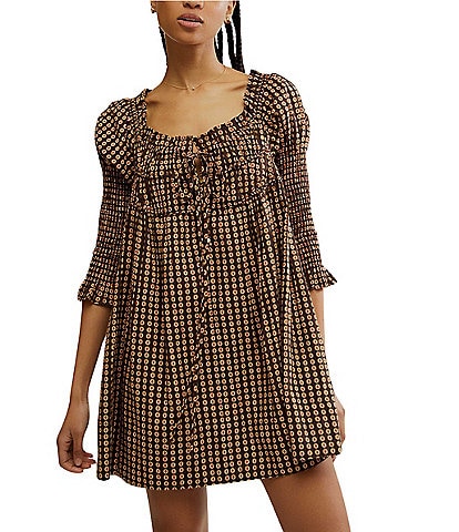 Free People Star Dip Dotted Print Square Neck 3/4 Sleeve Smocked Mini Dress