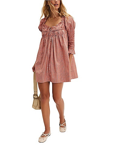 Free People Star Dip Dotted Print Square Neck 3/4 Sleeve Smocked Mini Dress