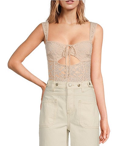 Free People Strike A Pose Lace Cut-Out Sweetheart Neck Sleeveless Bodysuit