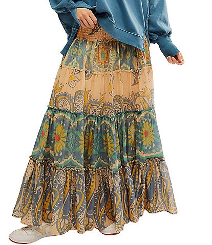 Free People Super Thrills Paisley Floral Print Smocked Waist Tiered High Waist A-Line Maxi Skirt