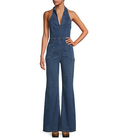 Free People Sweet Thing Halter Neck Sleeveless Open Back Stretch Denim Jumpsuit