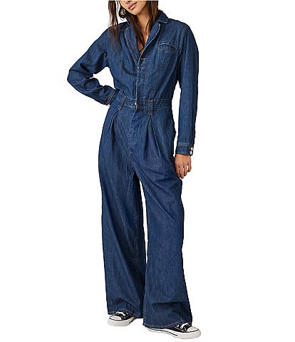 Free People The Franklin Denim Notch Collar Long Sleeve Tailored One Piece Jumpsuit