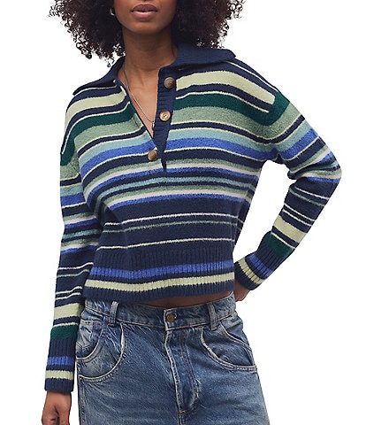 Free People Trading Up Striped Collared Long Sleeve Polo Sweater